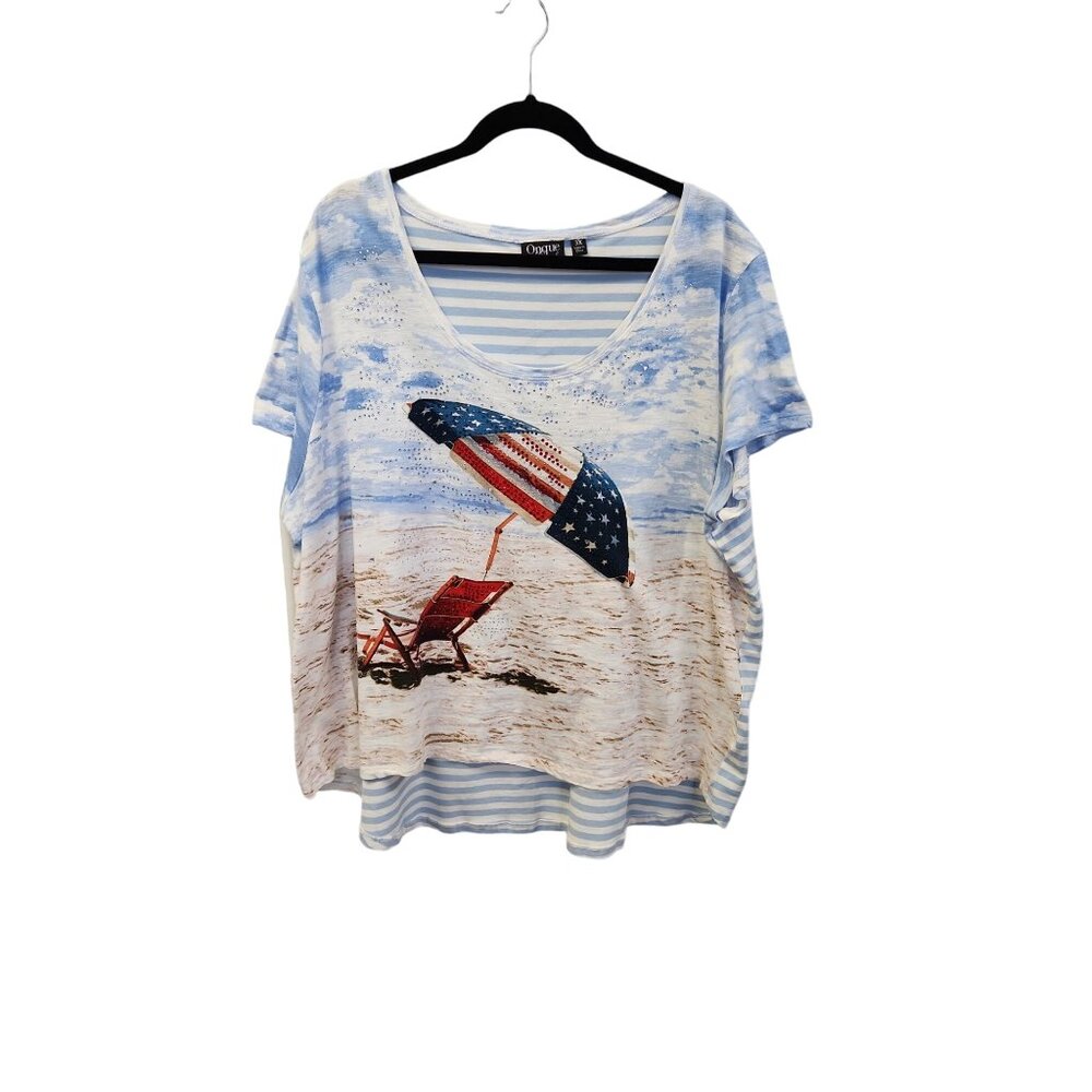 Onque Casual Women's 3X Blue Striped Beach Print High-Low Pullover Top 2149